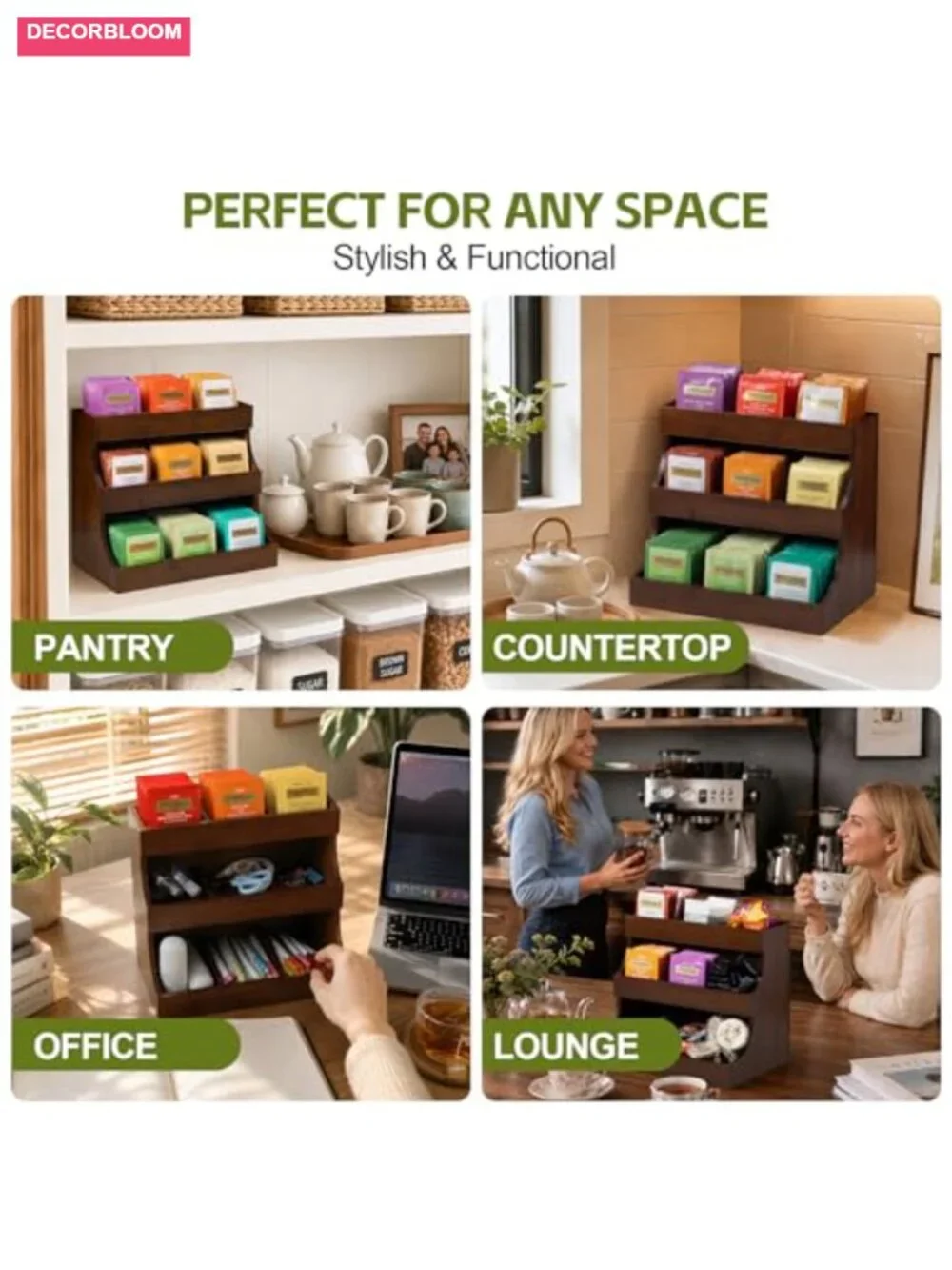 3-Tier Bamboo Tea Bag Organizer, Holds 180 Bags, No Assembly